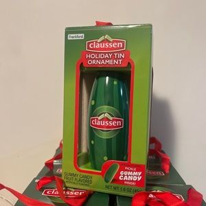 NEW CLAUSSEN Pickle Tin Ornament Holiday Pickle Shaped With Gummy Pickles Inside